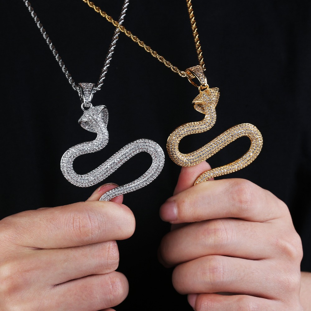 

Hip Hop Animal Snake Pendant Necklace 4mm Tennis Chain Gold Silver Color Bling Cubic Zircon Men Necklace Jewelry