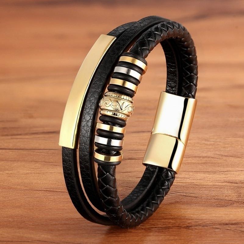 

Classic Punk Geometrically Irregular Graphics Stainless Steel Genuine Leather Bracelet Men's Rock Party Jewelry