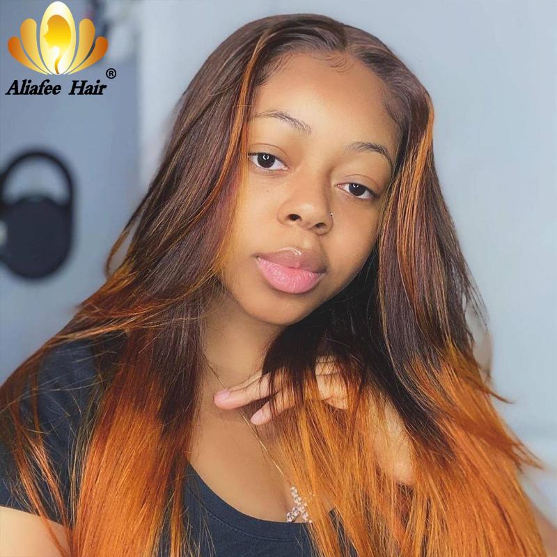 

Brazilian Straight Lace Front Wig Brown Orange Ombre Colored Straight Human Hair Wigs Lace Wig For Black Women Pre Plucked, Natural color