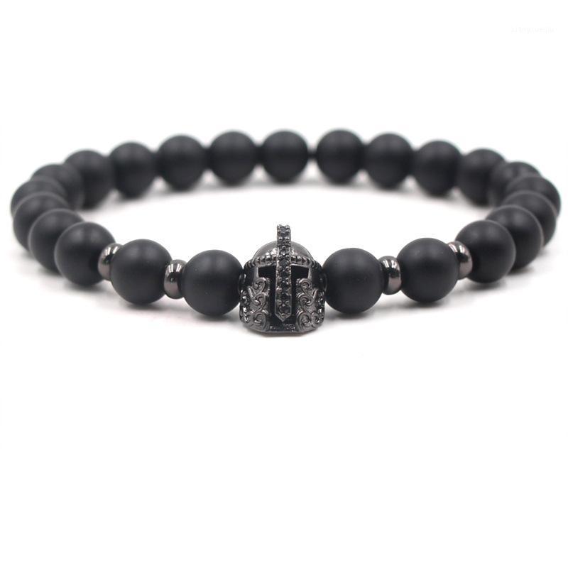 

Beaded, Strands Trendy 8mm Matte Black Stone Beads Bracelet Pave CZ Knight Helmet Bracelets For Women&Men Charm Jewelry Elegant Pulseras Gif
