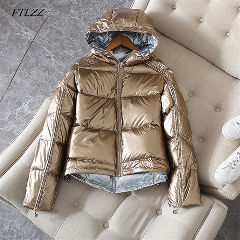 

FTLZZ Silver Pink Down Coat Winter Jacket Women Hooded White Duck Down Parkas Female Loose Double Sided Waterproof Outerwear 201023