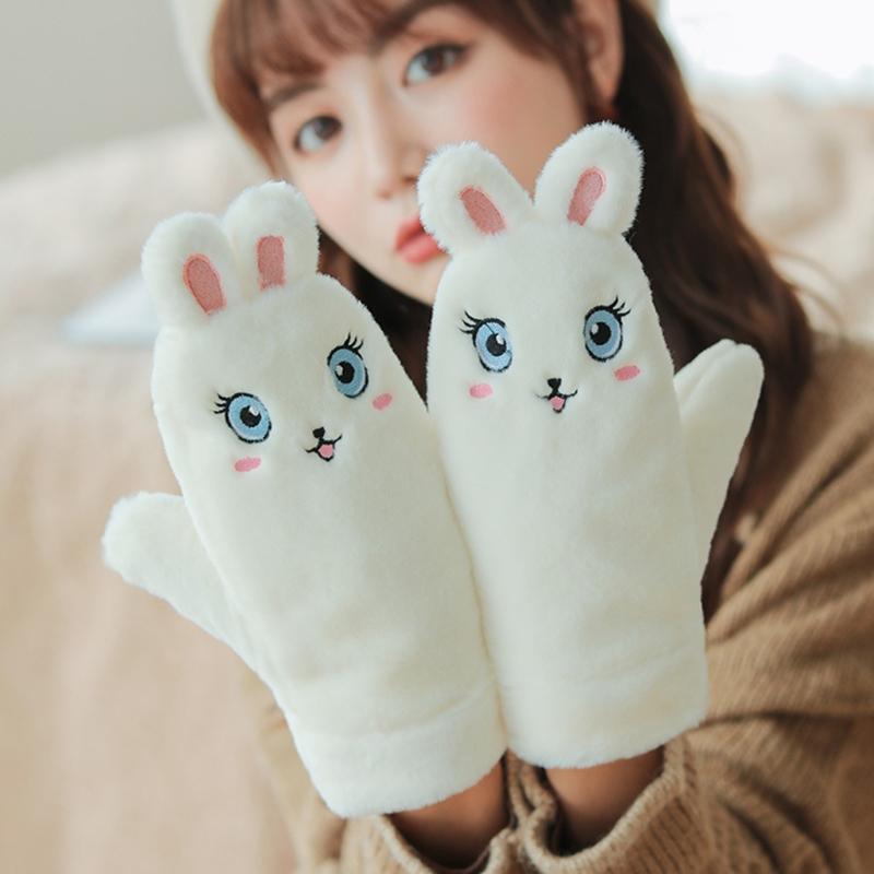 

Women Winter Fuzzy Fluffy Plush Full Finger Gloves with String Cartoon Panda Embroidery Mittens Windproof Thermal