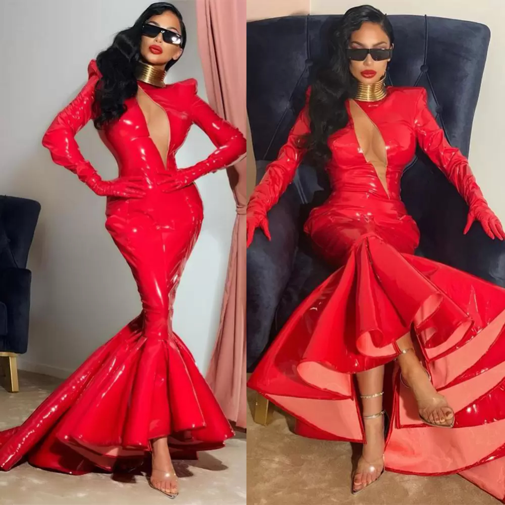 

2022 New Year's Gorgeous Red Leather Evening Dress V Neck Long Sleeve with Shoulder Pads Party Sexy Mermaid Prom Gowns Without Gloves, Black