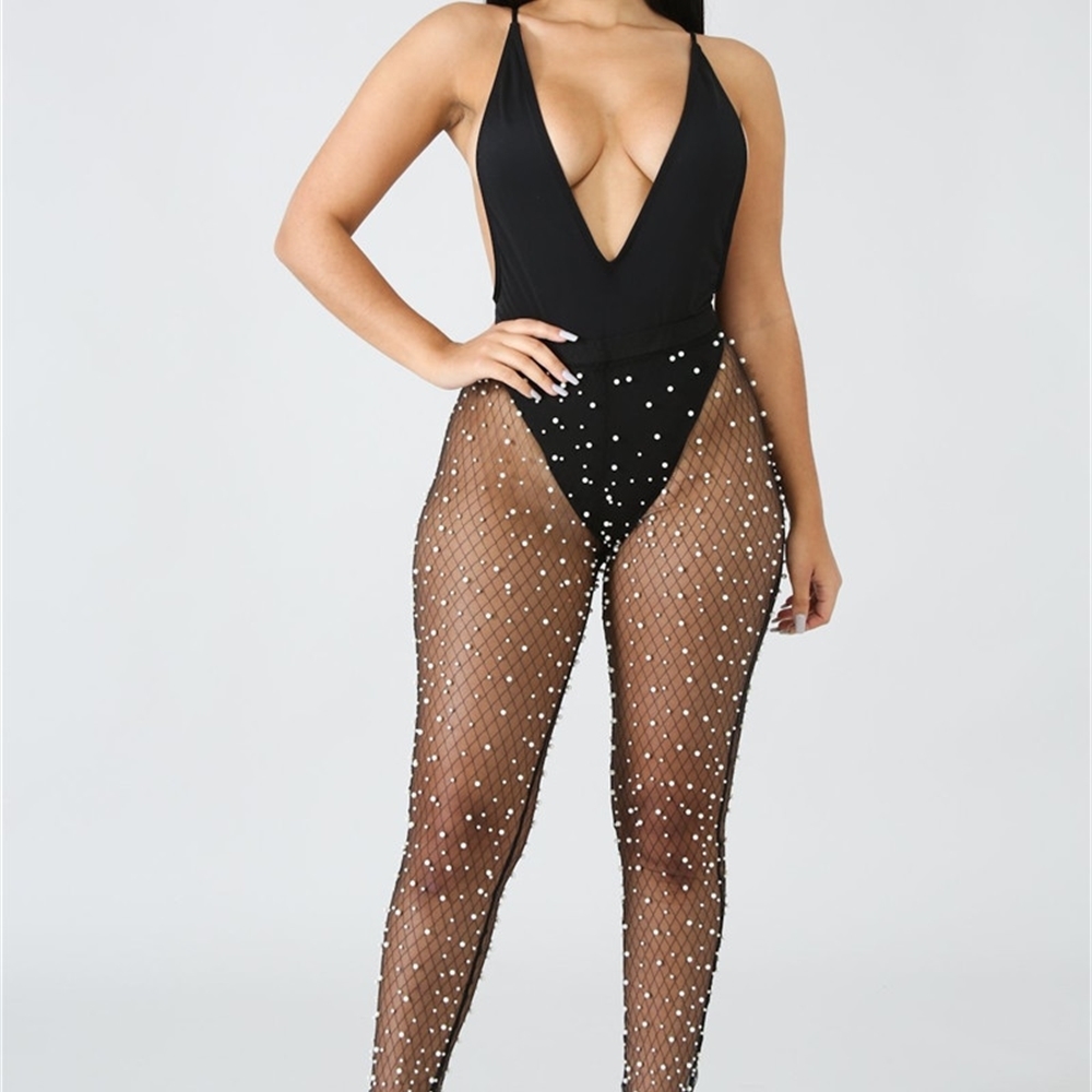 

U Women Long Pencil Pants Pearl Mesh Transparent Sexy Flirty Apparel Elastic Bodycon Trousers Babydoll Party NightClub Costume LJ200820, White
