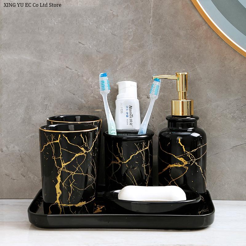 

Nordic Marble Toothbrush Holder Bathroom Supplies Set Ceramic Toothpaste Dispenser Lotion Bottle Mouthwash Cup Five-piece Set