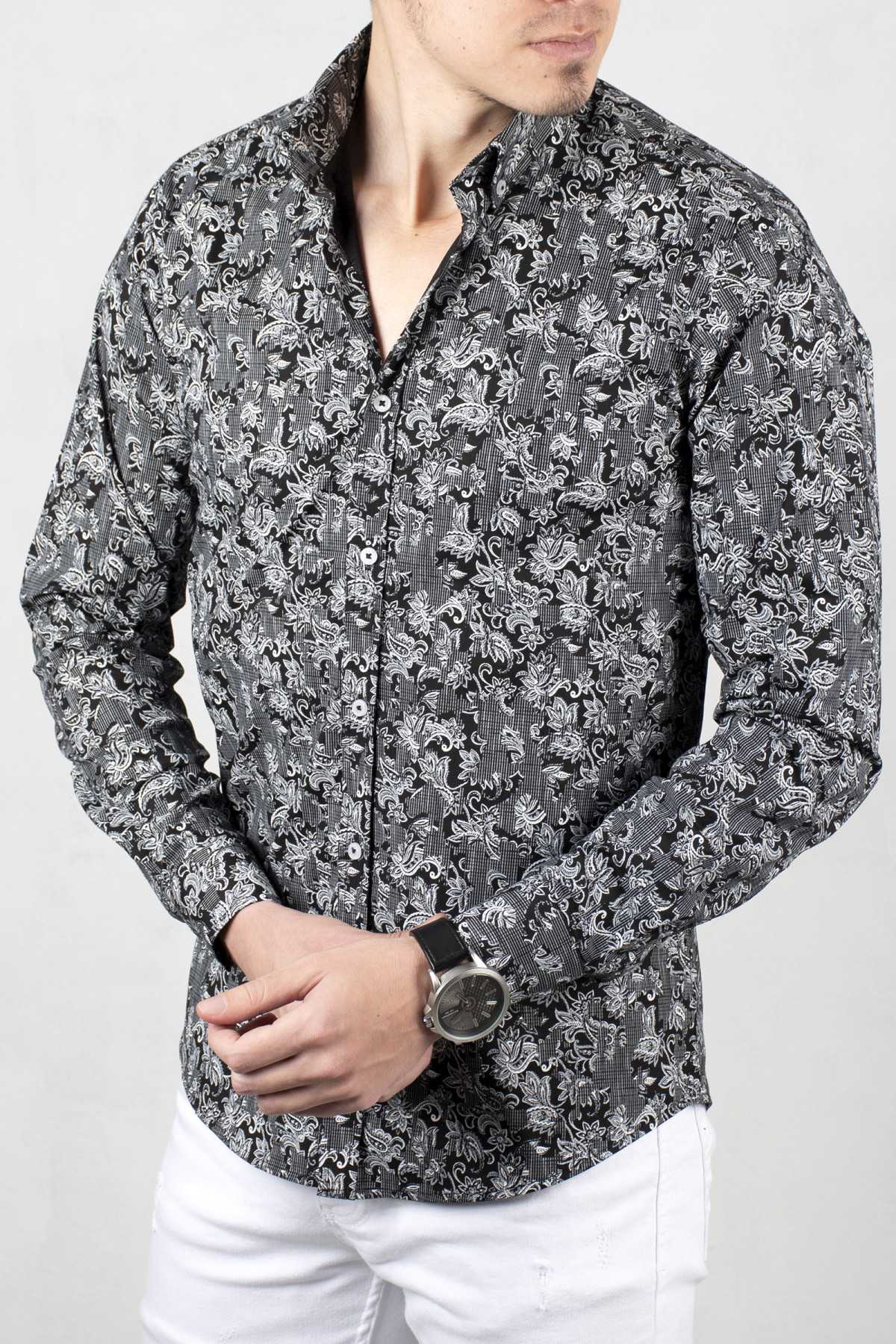 

DeepSEA Black Men 'S Shirt 100 Cotton Flower Motif Pattern Narrow Cut Long Sleeve Spring Summer Casual Party Prom Business office 2006040, As pic