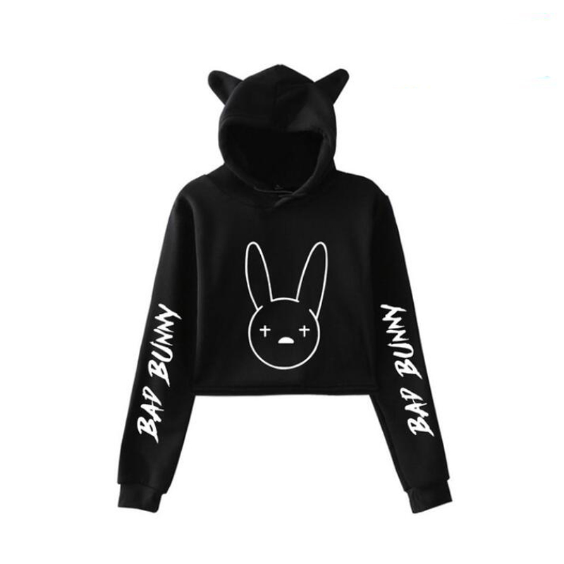 

Rapper Hip Hop Bad Bunny Crop Top Hoodie Long Sleeve Harajuku Cropped Sweatshirt Kawaii Cat Ear Pullover Women Tops Streetwear, 001