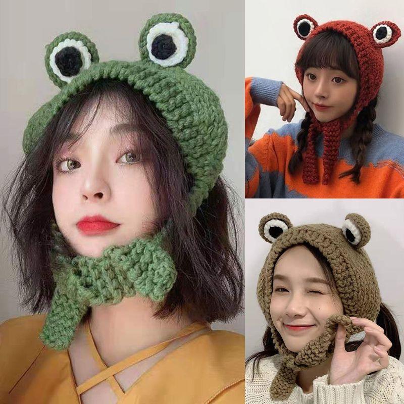 

Women Men Cute Frog Eyes Weave Knitted Skullies Beanie Hat Solid Color Chunky Crochet Harajuku Winter Warm Earflap Cap1, Kh