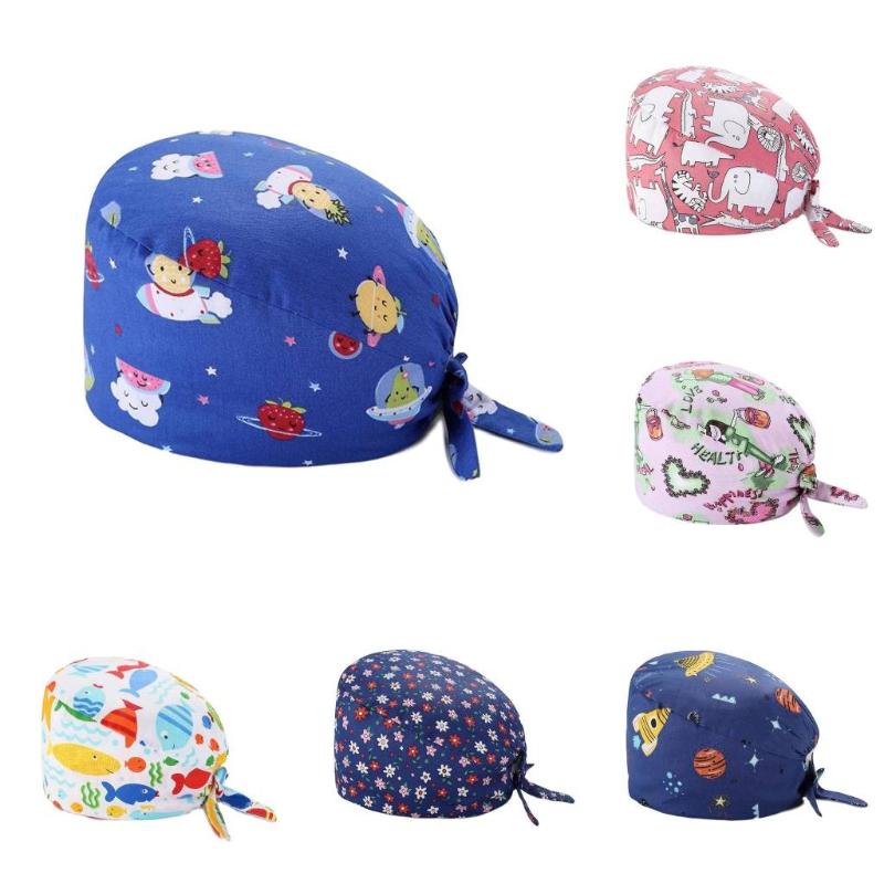 

2020 Cute pattern Hats with adjustable tie for men and women sweatproof sanitary cap dustproof gourd hat Gorros enfermeria, As shown