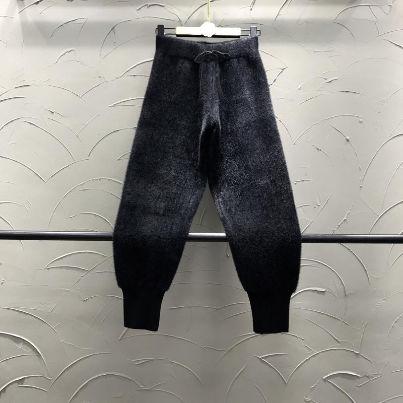 

Mink Cashmere Black Elastic Waist Sweatpants Trousers for Woman Autumn Winter Designer Luxury Female Harem Pants, White stripe
