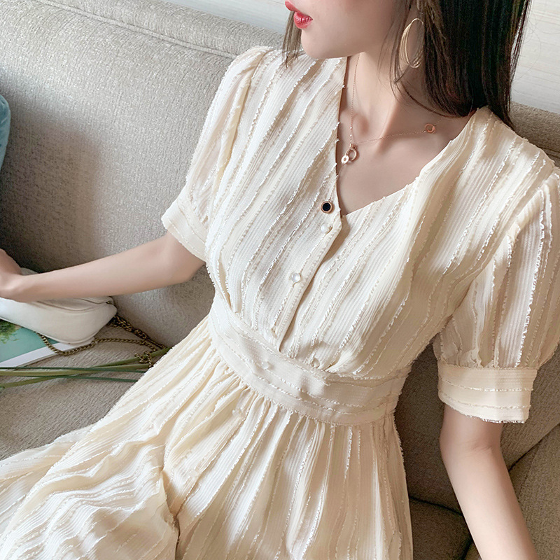 

2021 New French retro shirt and popular skirt in Korean summer versatile fashion leisure adjustment short sleeve chiffon dressed woman 2RRU, Beige.