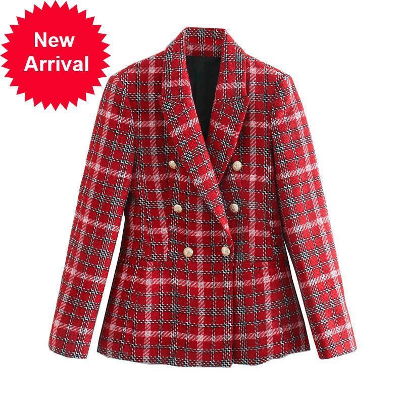 

Elegant 2021 New Autumn Double Plaid Breasted Female Causal Long Sleeve Tweed Short Office Jacket Ladies Pocket Blazer 8ZU8, Red.
