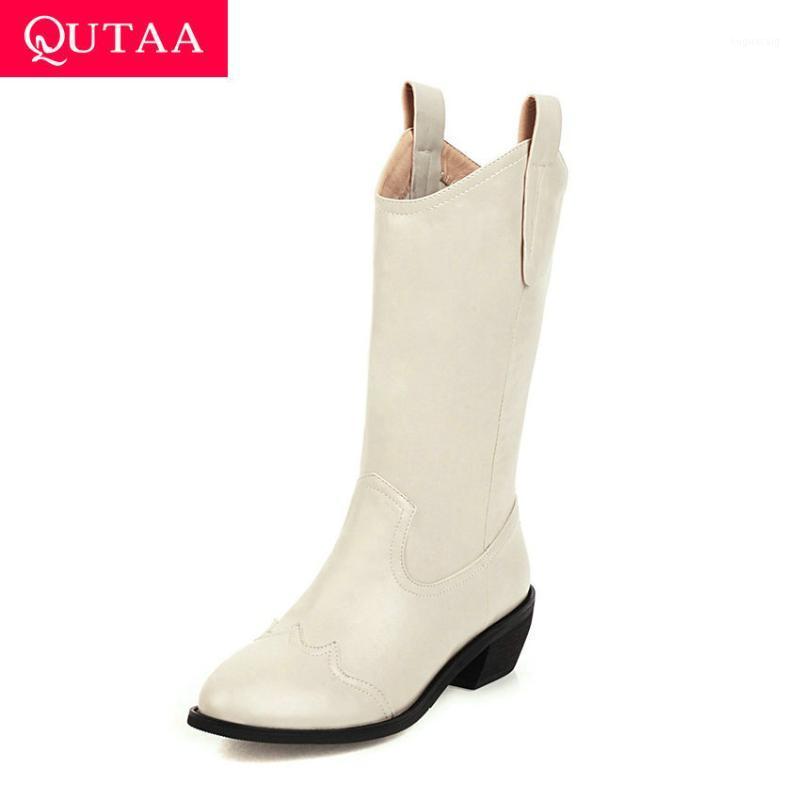 

QUTAA 2021 Pointed Toe Mid Calf Boots PU Leather Autumn Winter Slip on Women Shoes Square Heel Fashion Long Boots Big Size 34-431, Beige