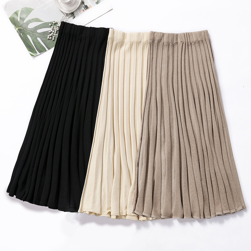

2021 New Vertical Striped Knitted Women Sweater Skirt Elastic Band Pleated Midi Chic High Waist A-line Skirts Female Zpvr, Khaki