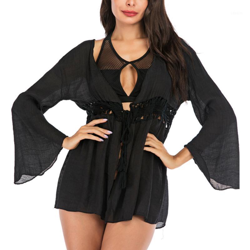 

Sexy Bikini Cover Up Women Summer Long Sleeve Beach Dress Hollow Out Lace Beach Tunics Beachwear Cover-Ups Pareos De Playa Mujer1, Red