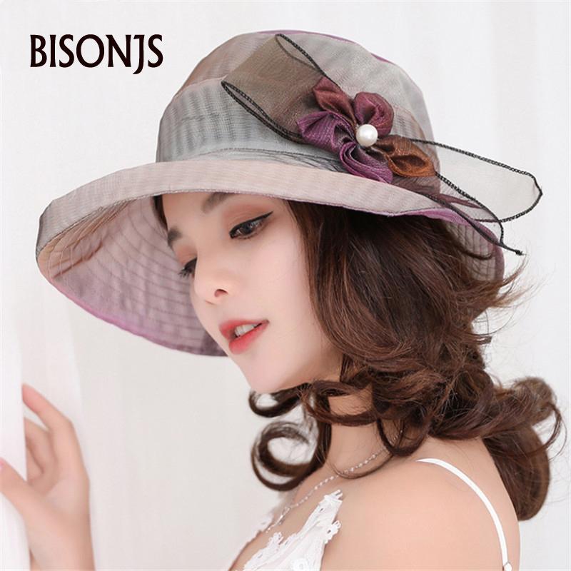 

BISONJS Women's Sun hat new Versatile summer anti outside line large brim flowers sunscreen hat bow fashionable For Female1, Naby blue-1