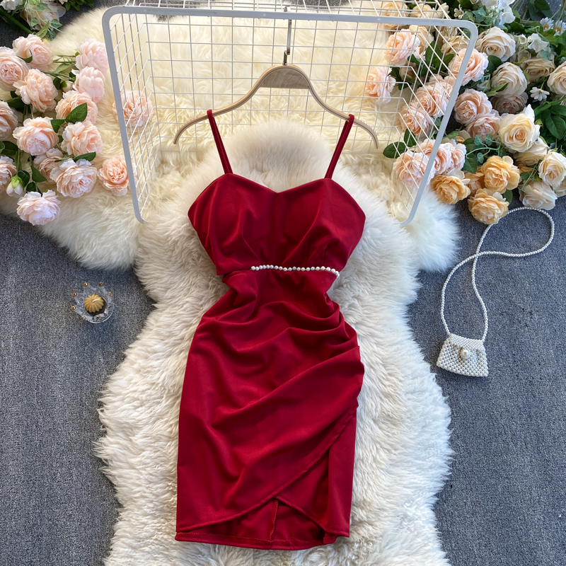 

2021 New Solid female singiny party girdle fashion backless sexy holiday dresses short summer pearl pencil dress NAJF, Black