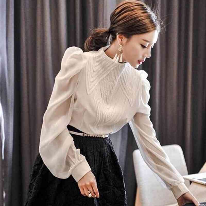 

Stand Collar Puff Sleeve Women Shirts Elegant Plus Size Office Lady Chiffon Blouse Lantern Sleeve Fashion Blusa Camisa, White