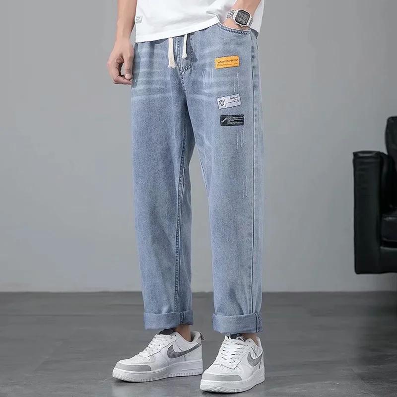 

Men' Clothing Slacks Jeans Men Baggy Blue Jeans Elastic Waist Female Shalwar Casual Streetwear Wide Leg Long Pants