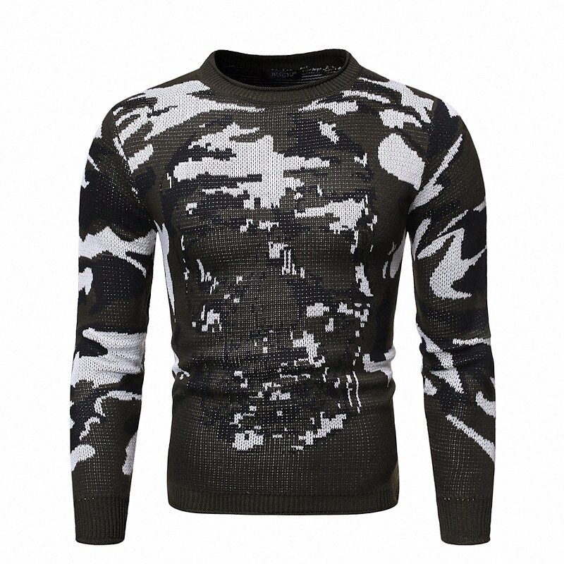 Men's Pullover Camouflage Long Sleeve Sweater Cardigans Crew Neck Fall Winter Gray Black N3oj#