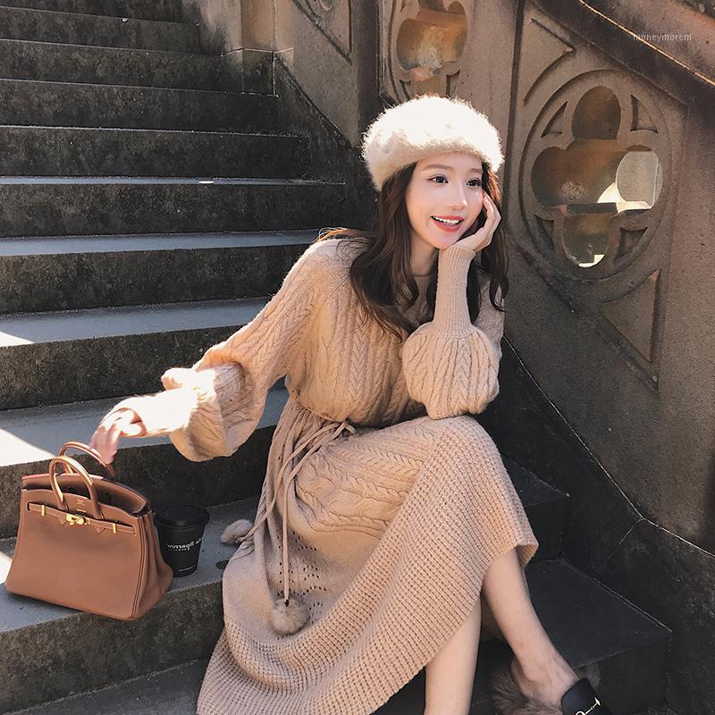 

Autumn Winter Sweater Dress Knitted Women Sweaters Pullover Long Sleeve Round Neck Pullovers Knit Sweater Dress Warm1, Beige