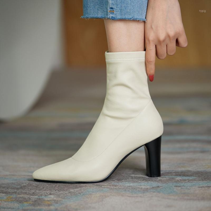 

Korean full leather elastic thin boots 2021 autumn new skin size thick heel short boot girl1, Black