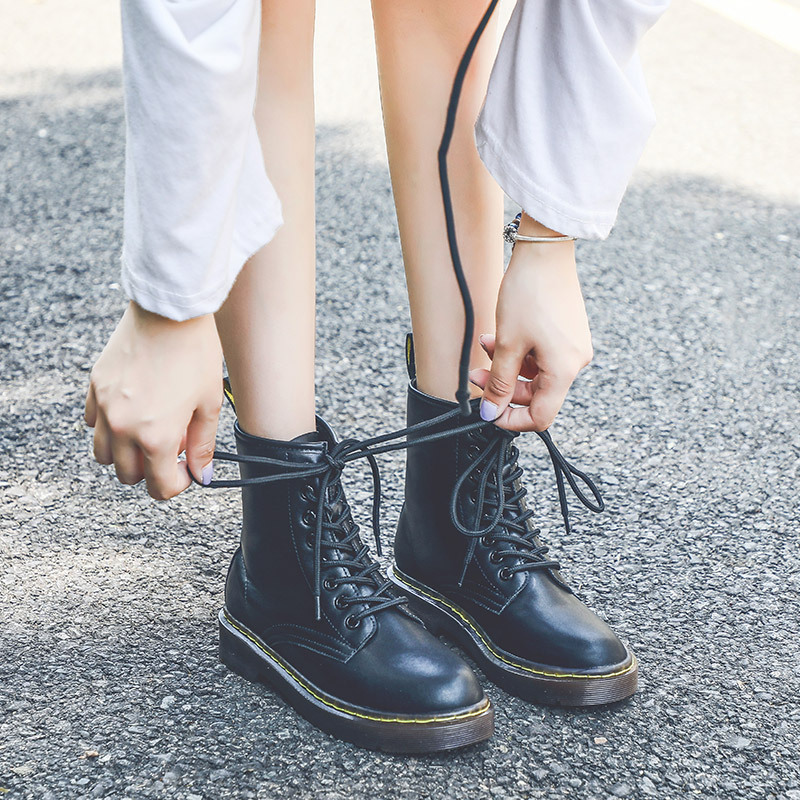 

2021 New Size -42 Plana Platform Women's Shoes Winter Skin Mode Round Foot Lace-up Leather Boots Ladies'shoes Xy2c, Black