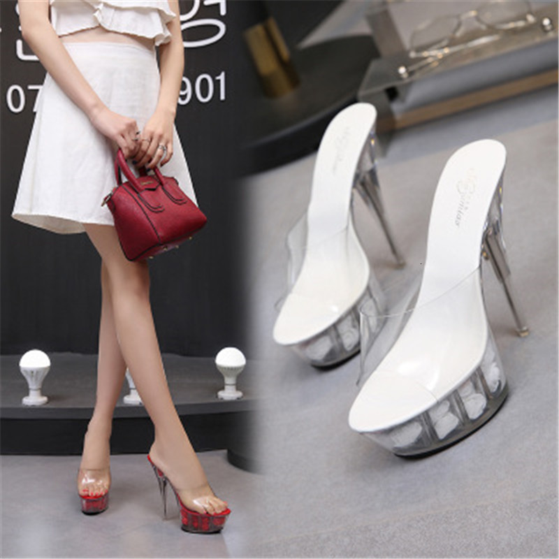 

New Women's 2021 Woman's Flowers Crystal From Model Boat Stripper 15 Centimeters High-heeled Slippers Sexy Toe YH35, Blue