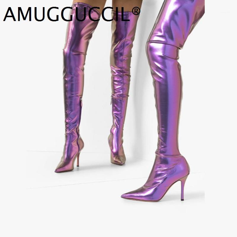 

2021 New Plus Big Size 33-45 Black Purple Sexy Zip 12CM High Heel Sexy Over The Knee Thigh High Autumn Winter Women Boot X20681