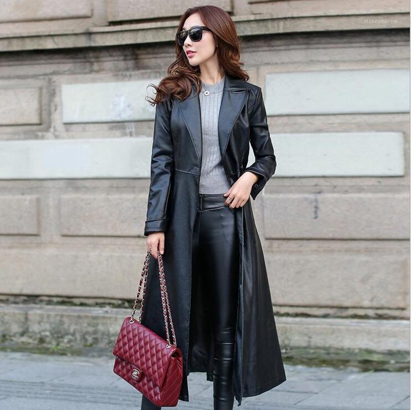 

PU New Fashion 2020 Leather Women' Autumn Windbreaker Slim Temperament Warm X long Jacket Trenchcoat black/red1