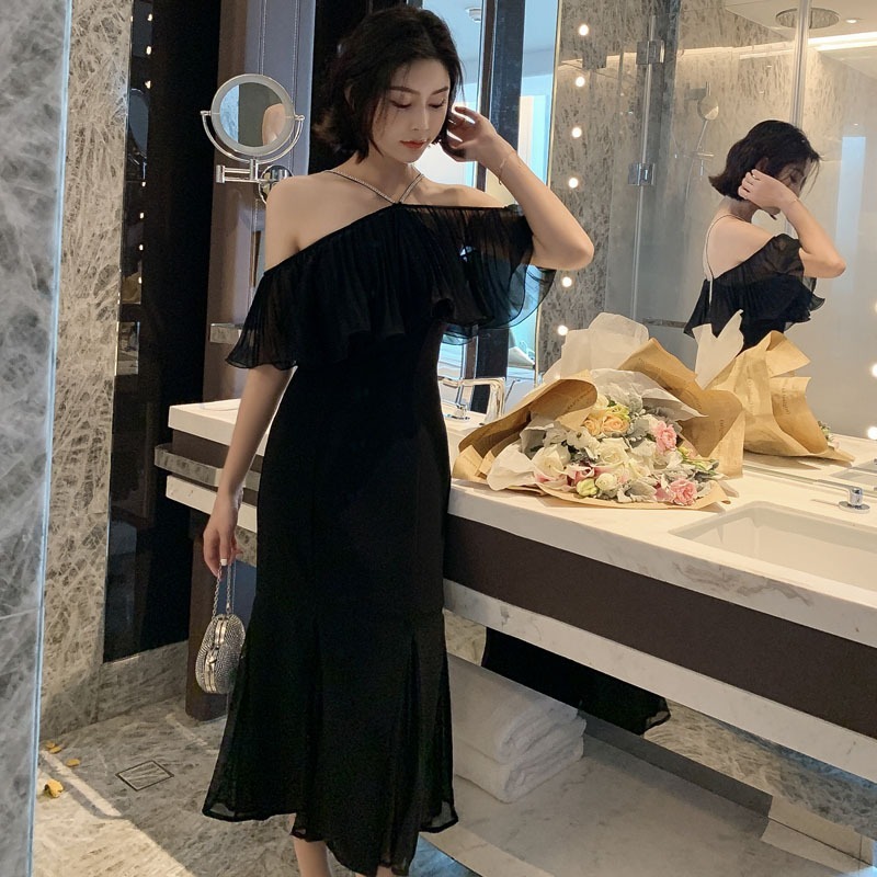 

2021 New Elegant sexy girly fashion style off the shoulder ruffle fishtail chiffon dressed up party night Slide dress 1M7A, White