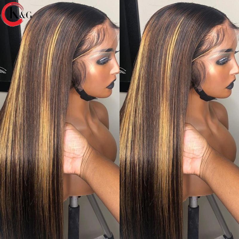 

KUNGANG Highlight T-part Middle Part Lace Front Human Hair straight 150% Density Lace Wigs With Baby Hair Ratio Non-Remy, As pic