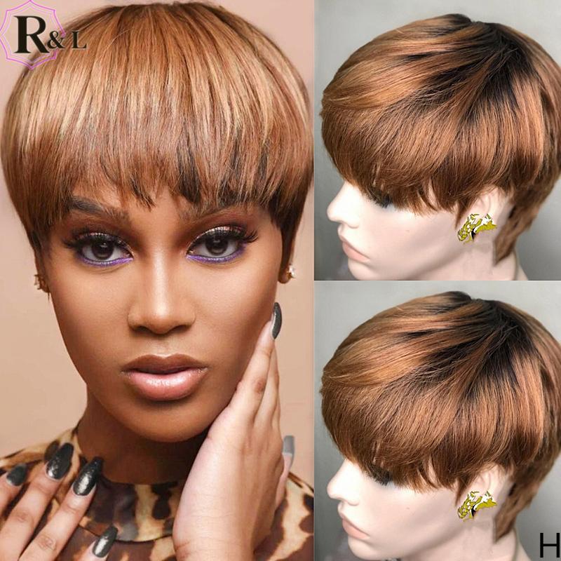 

RULINDA Ombre Colored Lace Front Human Hair Wigs 180% Density Short Pixie Cut Brazilian Remy Hair Lace Wigs With Bangs 13X4, 13x4 lace front wig