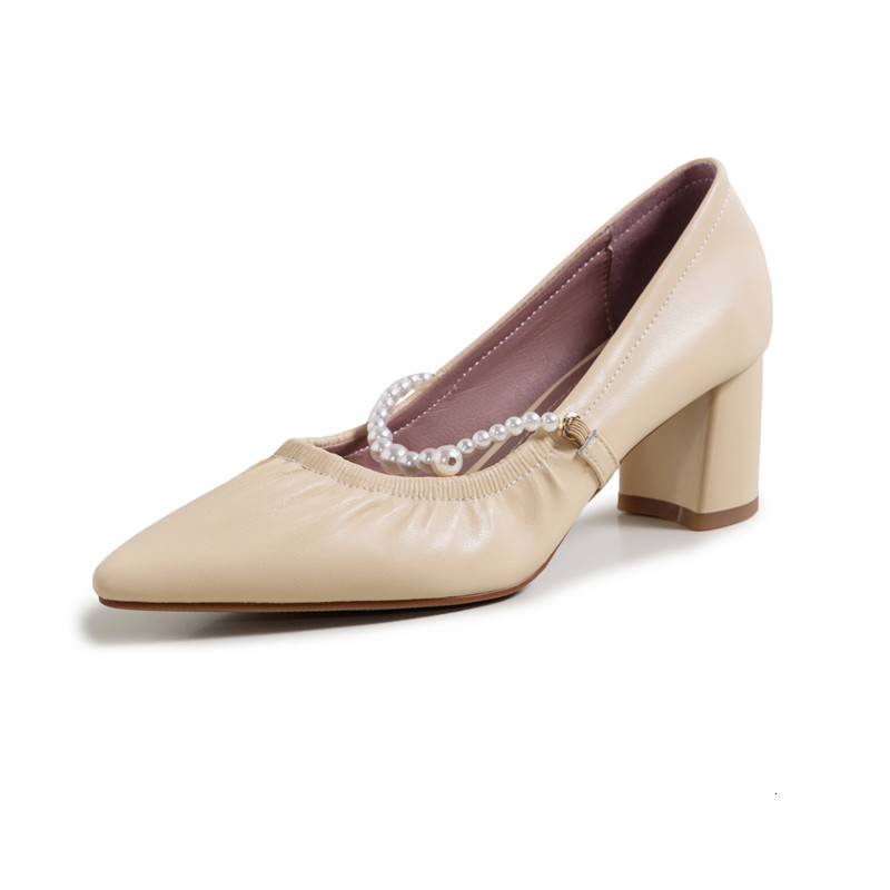 

2021 New Large 34-43 Female See Shallow Mary Jane Shoes Fashion Ladies High Apricot Heels 4FDD, Rice white