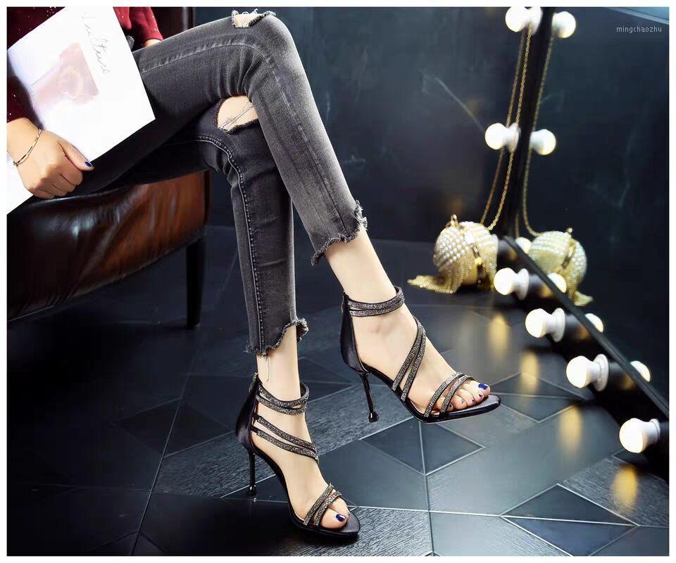 

Summer open-toe fine heel fashion rhinestone sexy banquet dress shoes champagne rhinestone high heels Roman sandals Z5141, Black
