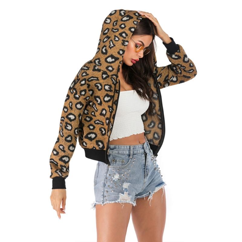 

Women Long Sleeve Hoodies Jacket Leopard Print Zipper Cropped Sweatshirt Coat, As pic