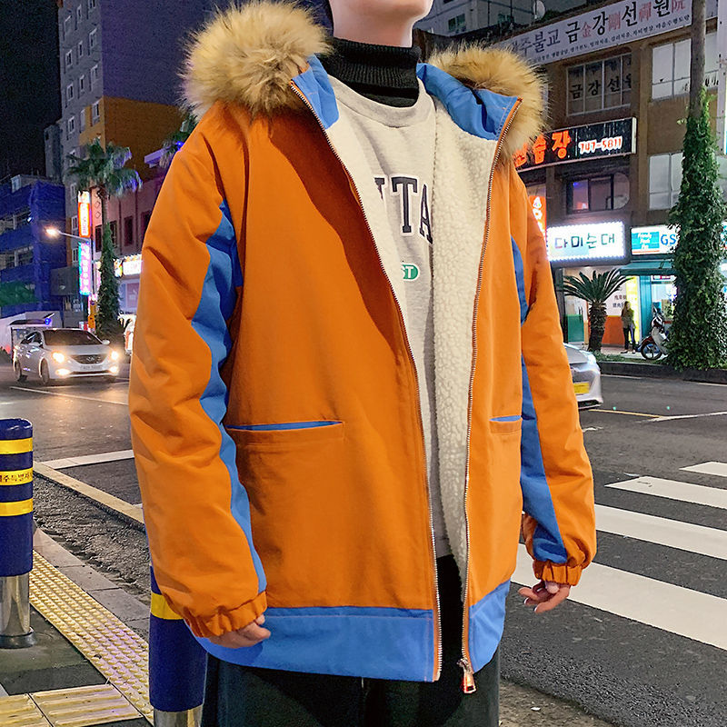 

Quilted 2021 Cotton Clothing Autumn New Winter Woolen Collar Lovers Hoodie Young Men's Clothes K609, Orange.