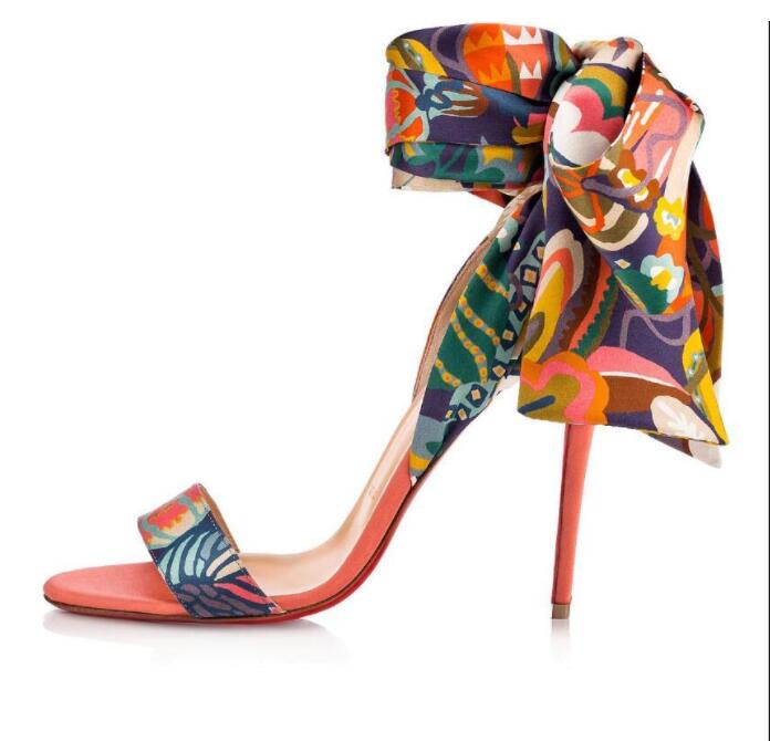 

summer Women Sandals Red rubber Bottom Heels Luxury designer satin Du Desert Printed Ankle straps Sexy Wedding Dress sandal