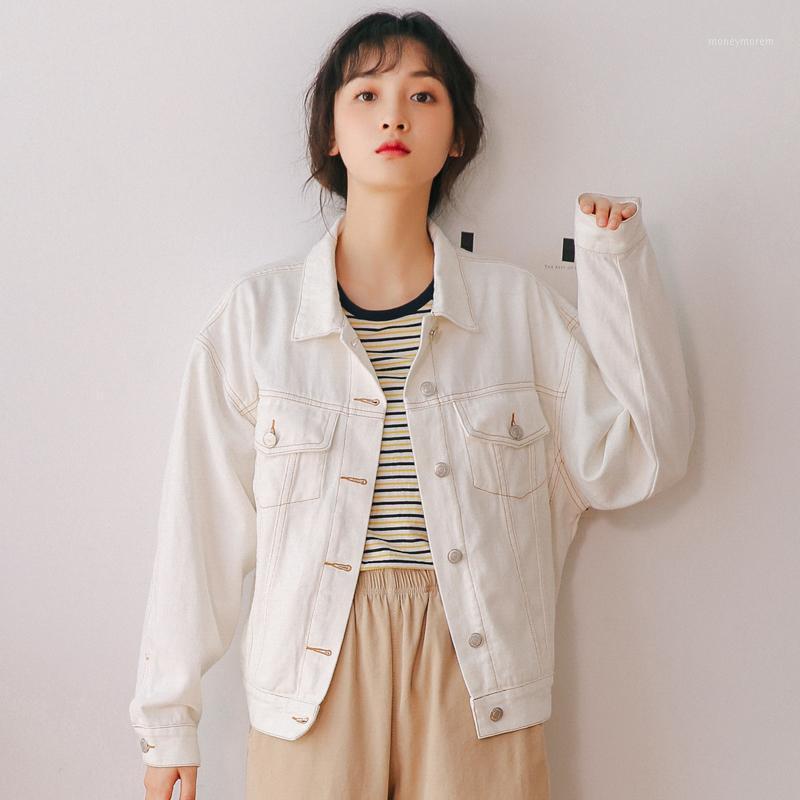 

Beige White Denim Jackets Women Long Sleeve Cotton Denim Jacket Outerwear Ladies Loose Spring Autumn Female Casual Coat1, Denim jean jacket