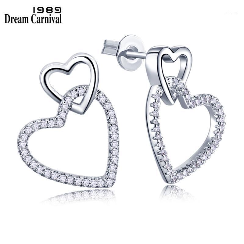 

Stud Dreamcarnival1989 Women Earings Cute Hollow Linked Hearts Rhodium-Color Clear White Blinking CZ Paved Boucles D'oreilles1