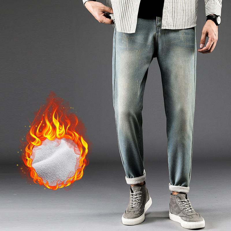 

Winter Spring Plus Velvet Thick Jeans Men's Loose Straight Cowboy Trousers Washed Vintage Youth Harlan Casual Pencil Denim Pants, Vintage blue