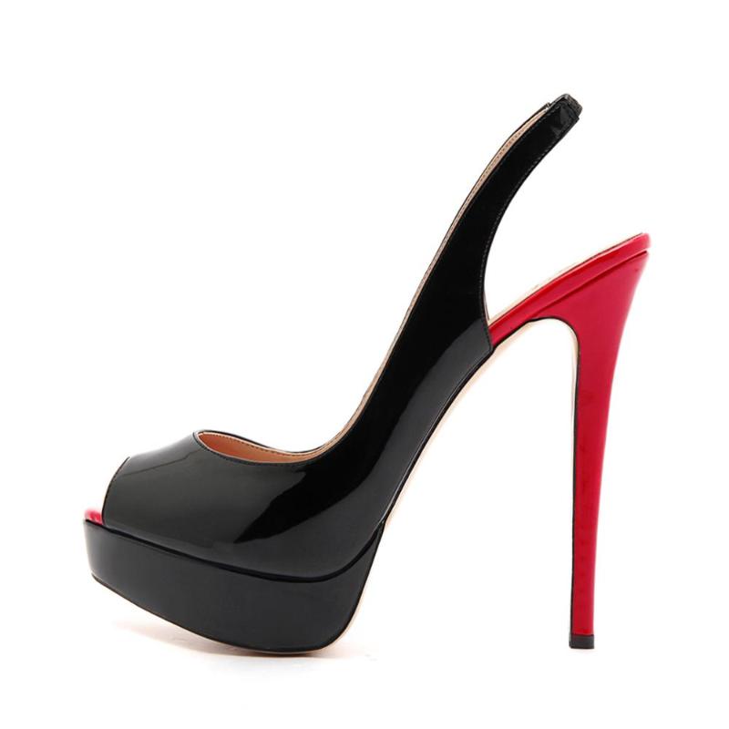 

2021 Platform Peep Toe Slingback Ankle Strap Stiletto High Heels Sandals Red Black Patent Leather Sexy Heart Shoes Big shoe