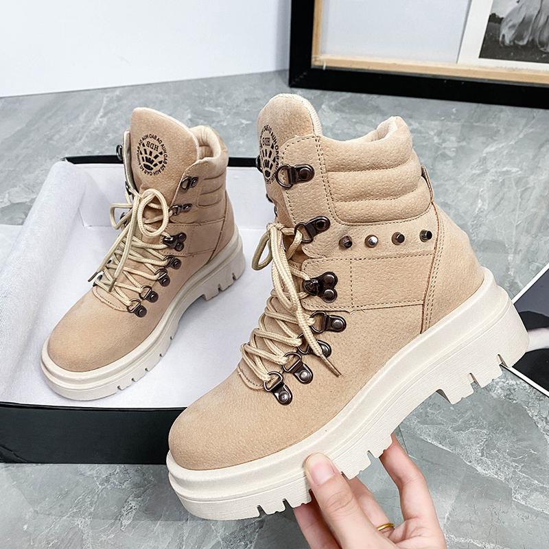 

Boots Winter Lady Women's Rubber Shoes Rain Flat Heel Round Toe Booties Ladies Boots-women Rivets Lace Up 2020 Med Ankle Rock