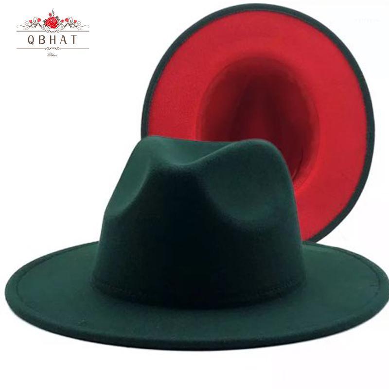 

QBHAT New Outer Turquoise Inner Red Patchwork Wool Felt Jazz Fedora Hat Winter Dark Green Women Elegant Lady Panama Cap1, Hot pink and red