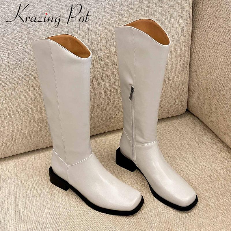 

Krazing Pot western boots split leather high quality square toe thick med heel zipper beauty lady daily wear knee-high boots L57, Beige