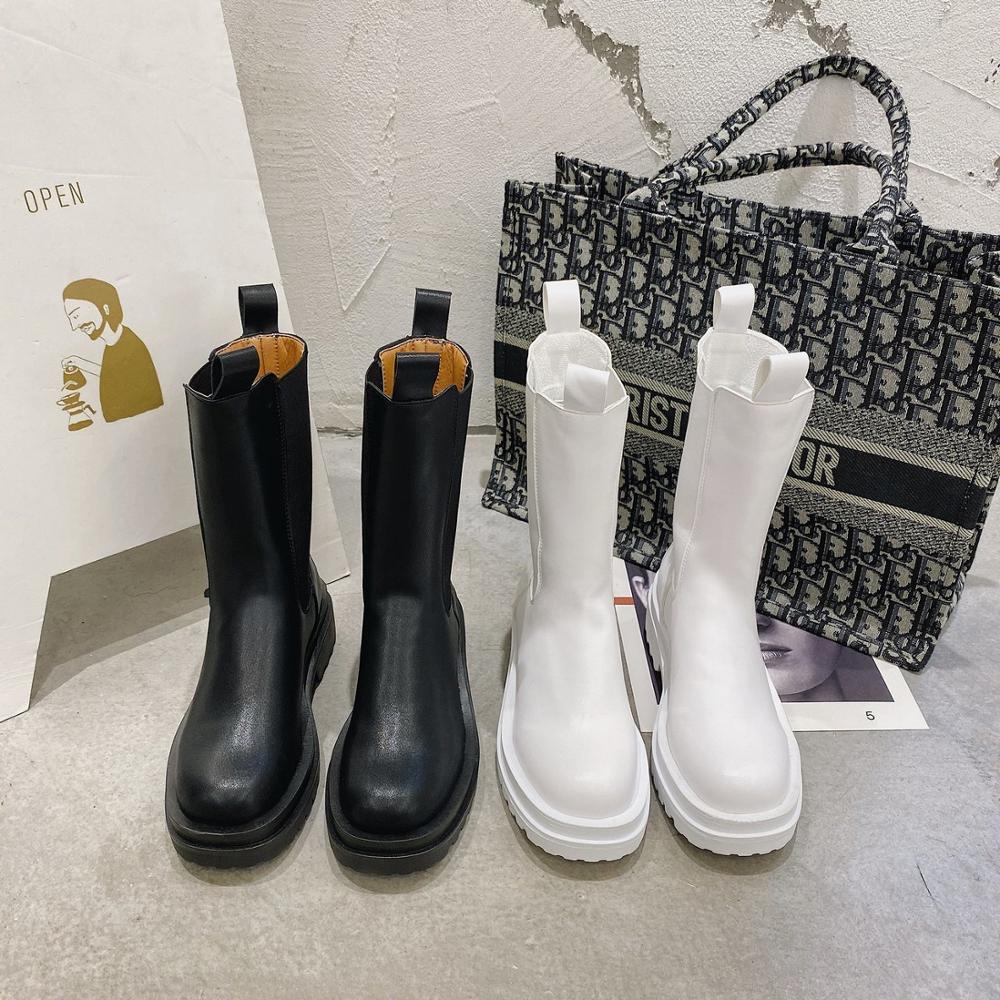 

Female Combat 2021 Autumn Stretch Cloth Black Gothic Leather Shoes Ankle Boots Oq32, White