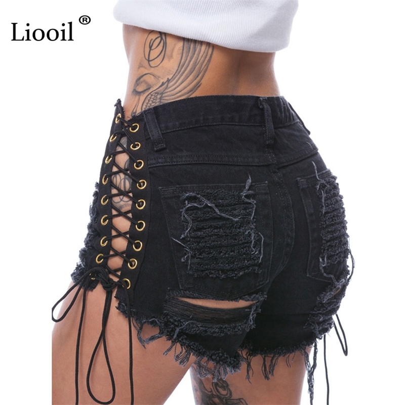 

Liooil Plus Size Tassel Denim Party Rave Shorts Women Sexy Club Skinny Lace Up Mid Waist Hole Rivet Button Fly Black Short Jeans Y200403