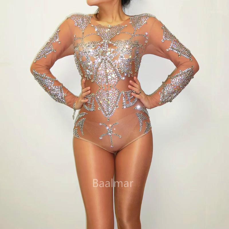 

Sexy Bodysuit Sparkly Rhinestones Crystals Leotard One-piece Nude Stretch Celebrate Outfit Nightclub Female Singer Costume Wear Women' Jump, Photo color