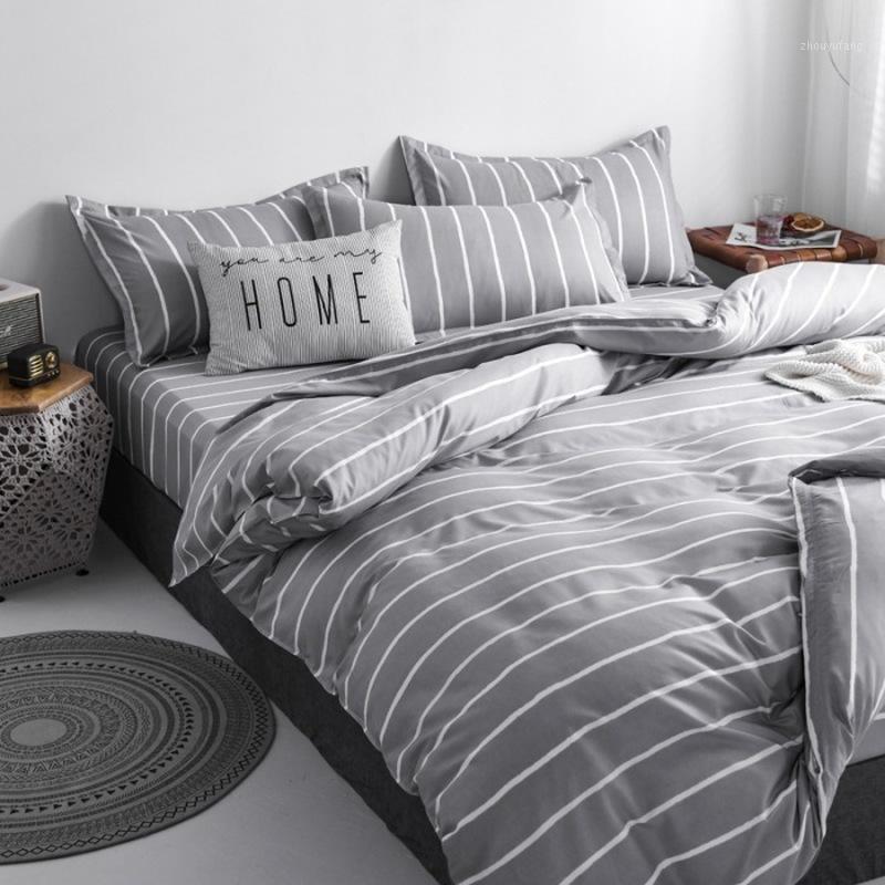 

Bedding Sets Classic Set 5 Size Grey Blue Grid Summer Bed Linen 3pcs/4pcs Duvet Cover Pastoral Sheet AB Side