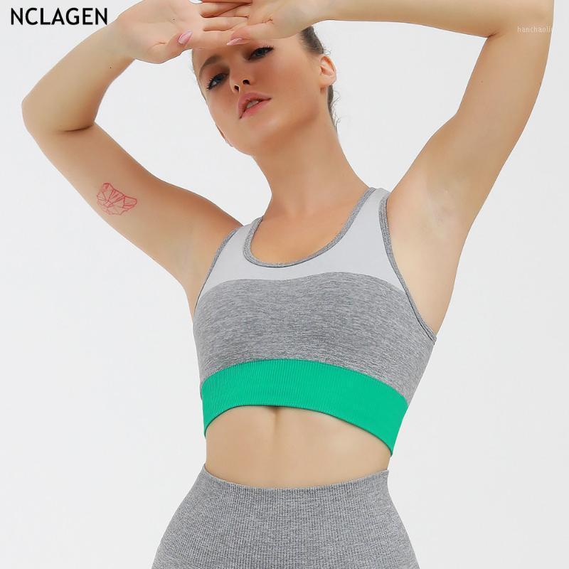 

Sports Bra High Impact Support Seamless Yoga Padded Crop Top Woman Elastic Fitness Sportswear Gym Workout Underwear NCLAGEN1, Blue stitching